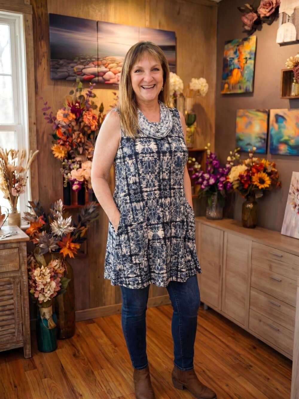 Blue & White Printed Sleeveless Tunic Dress | Women's Dress